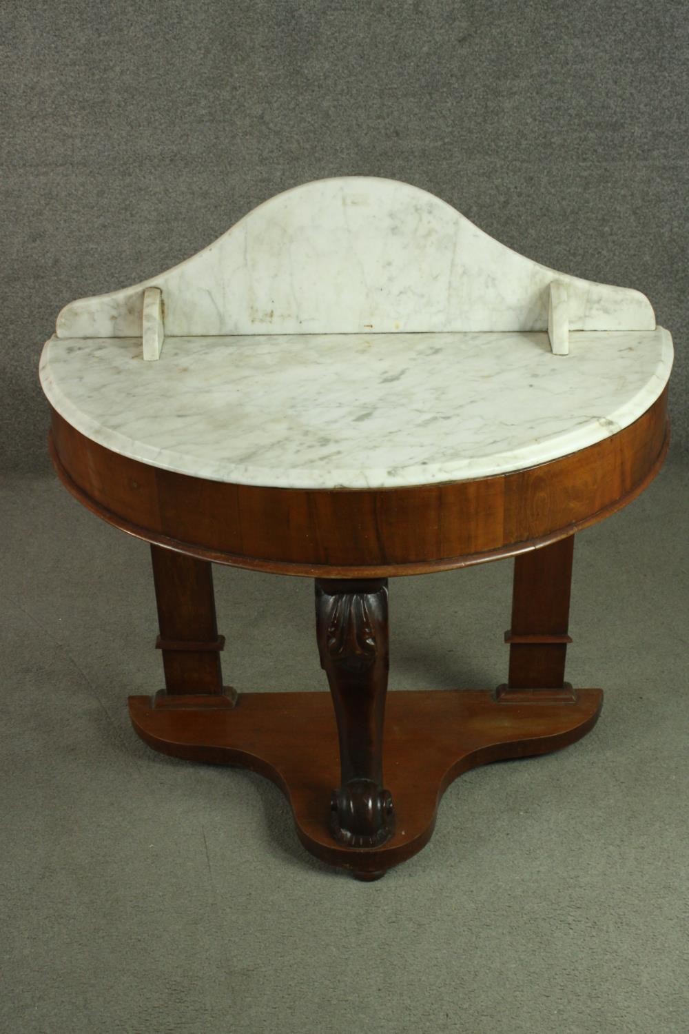 A Victorian walnut demi lune washstand, with a marble back and top, on a carved leg, joined by an - Image 3 of 8