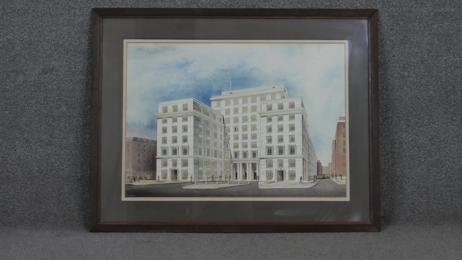 A framed and glazed watercolour of a hotel indistinctly signed. H.73 W.93cm - Image 2 of 4