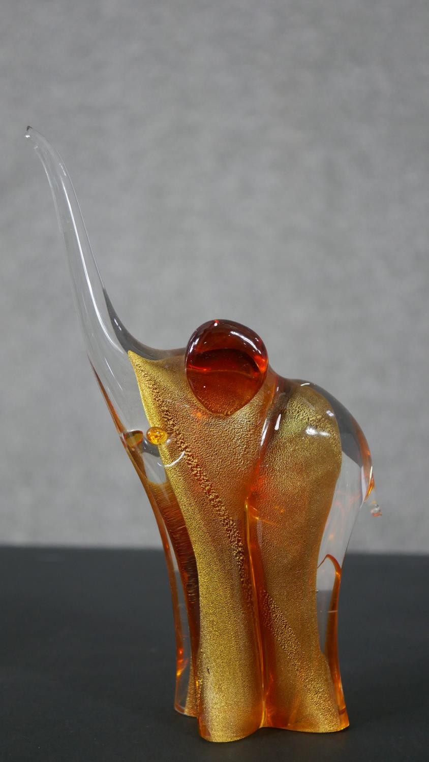 A Murano glass gold fleck glass elephant, with maker's label and signed to base along with a black - Image 4 of 8