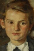 Josef William Weis, oil on board portrait of young girl. Signed and label verso. H.42 W.45cm.