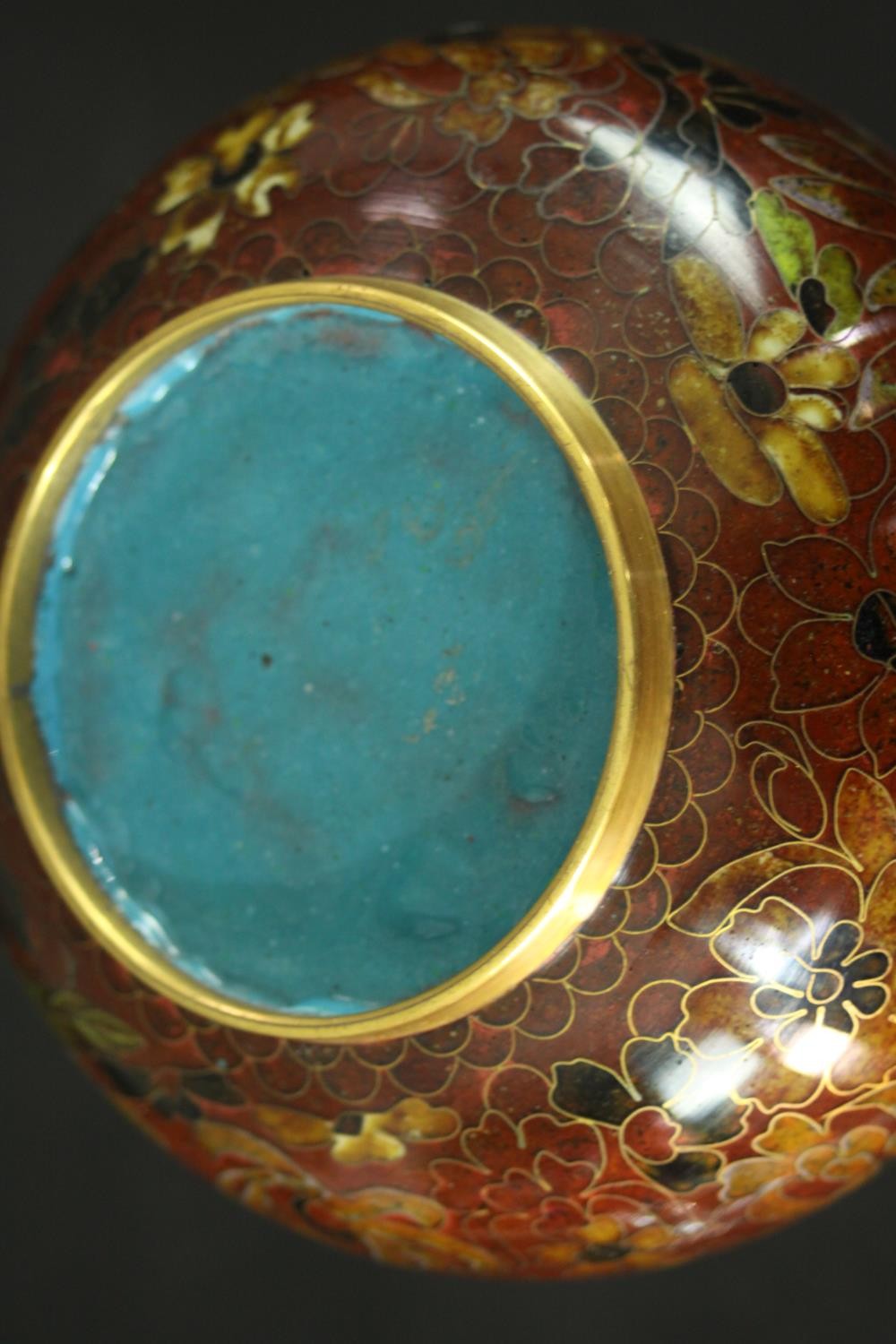 A cranberry glass etched vine design goblet along with a gilded brass Japanese cloisonné vase - Image 8 of 10