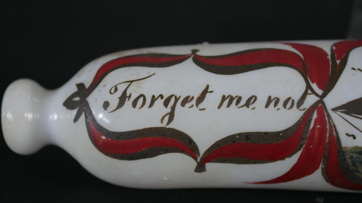 A Victorian milk glass rolling pin with hand painted design, the Leonora sailing ship inscribed ' - Image 3 of 5