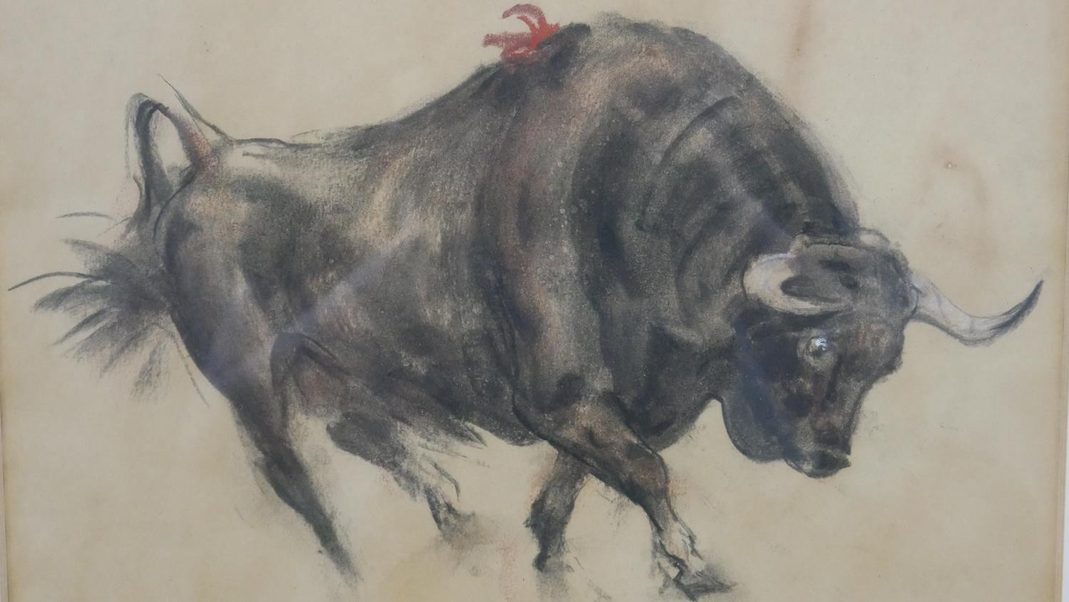 Raoul Millais, British (1901 - 1999), pastel on paper, 'Fighting Bull', signed, name plaque and - Image 4 of 10