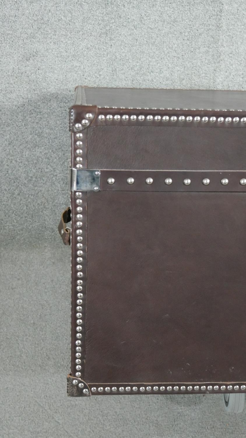 A Dentro Vittoria Steamer Trunk, upholstered in studded chocolate brown leather and having two - Image 7 of 10