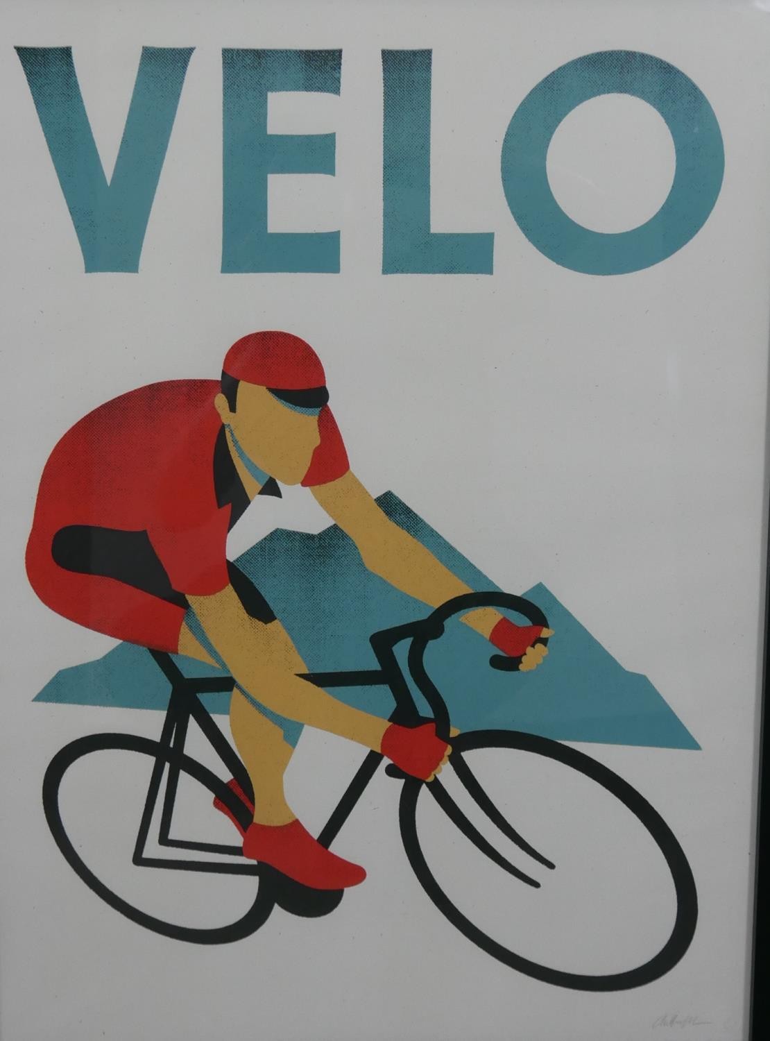 A framed and glazed coloured print VELO, of a man on a bicycle, signed and label verso. H.64.5 W.