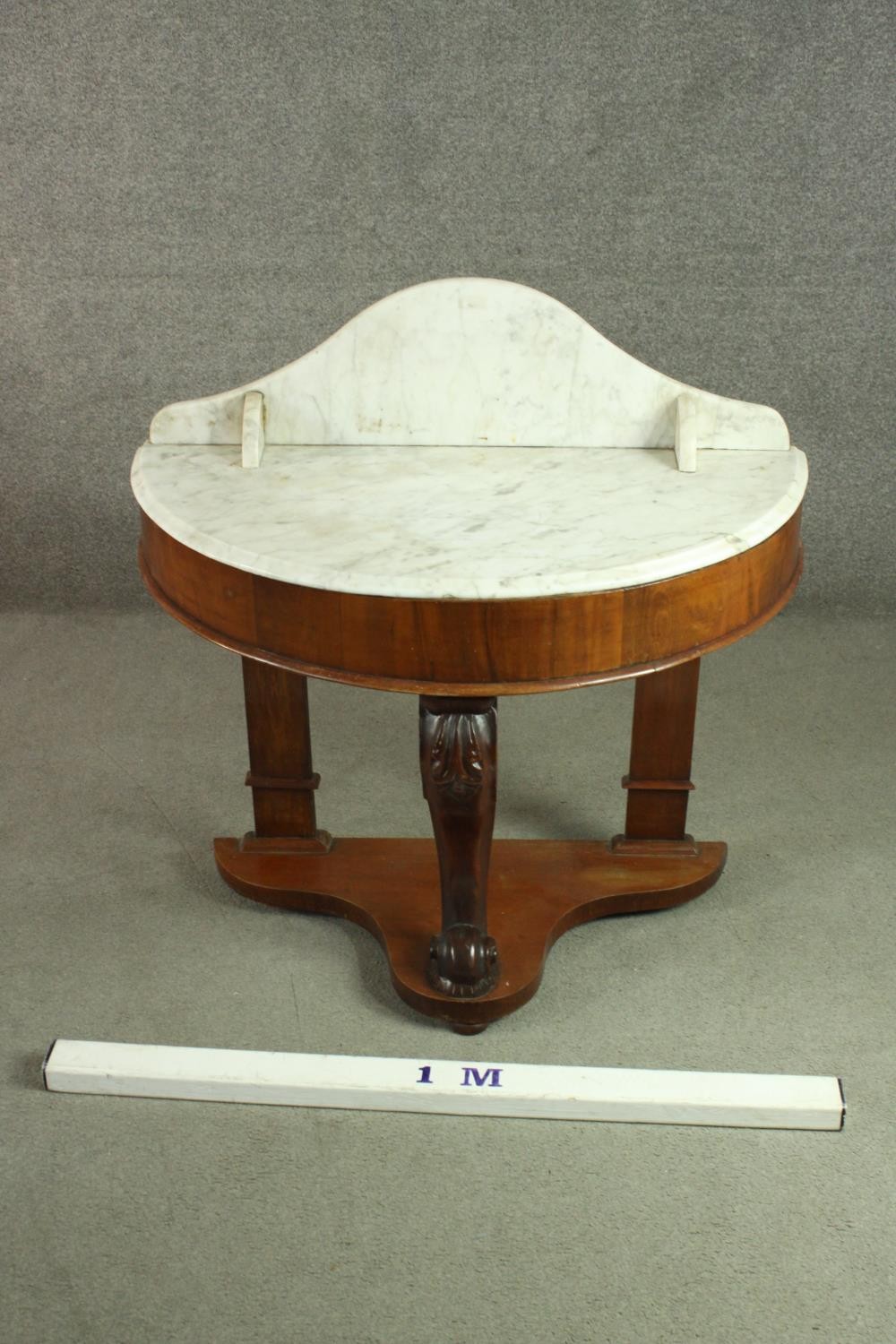 A Victorian walnut demi lune washstand, with a marble back and top, on a carved leg, joined by an - Image 2 of 8