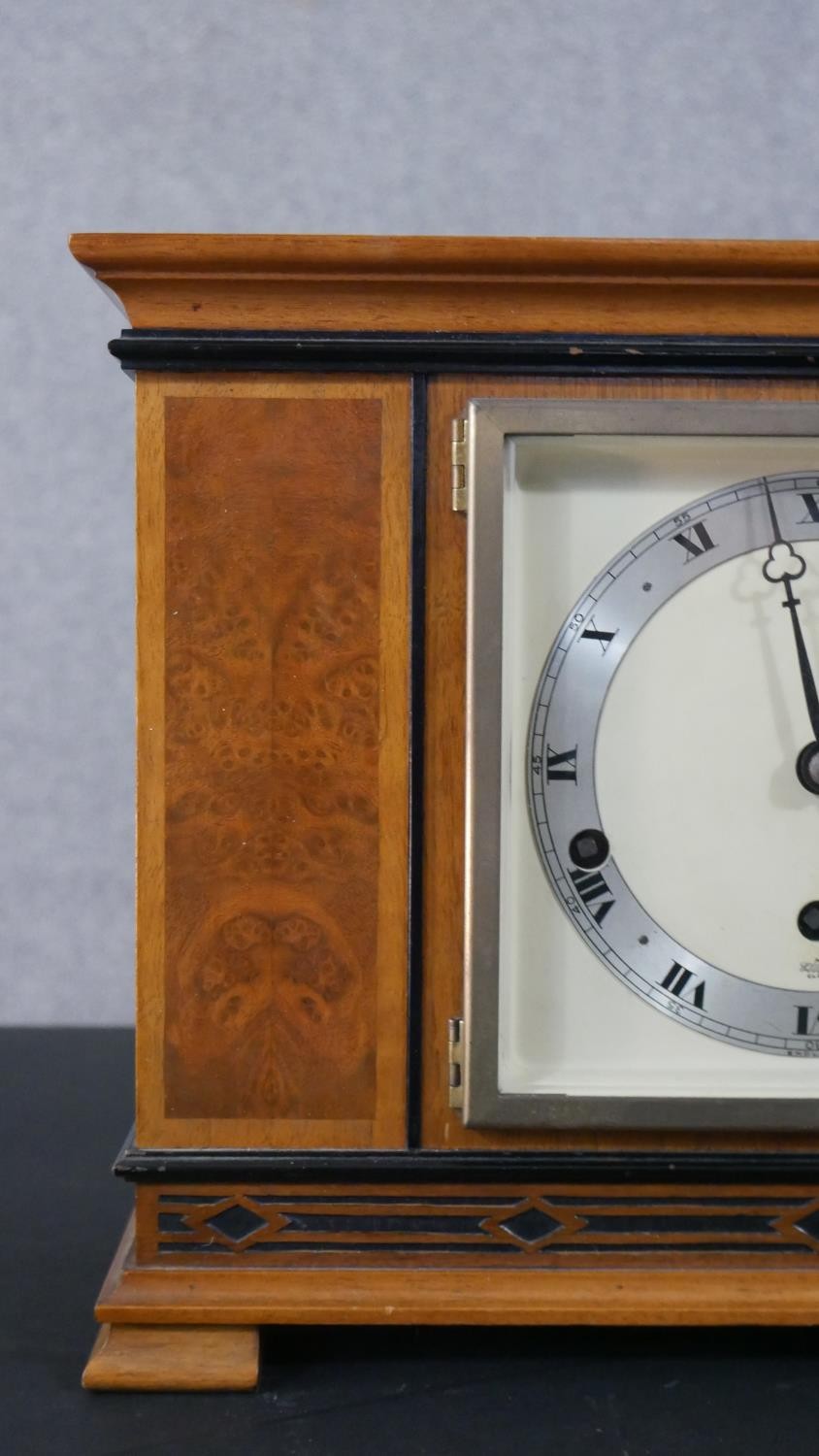 An Art Deco geometric marquetry design Elliot clock, brass movement and brushed chrome ring dial - Image 4 of 11