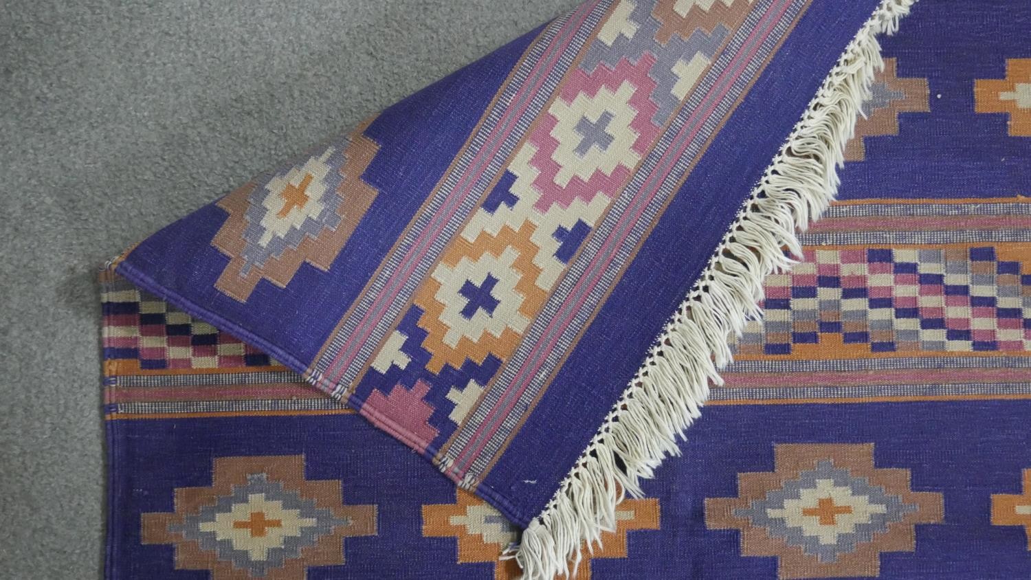 A Indian blue ground Dhurrie Kelim flat weave rug. L.275 W.85cm - Image 6 of 6