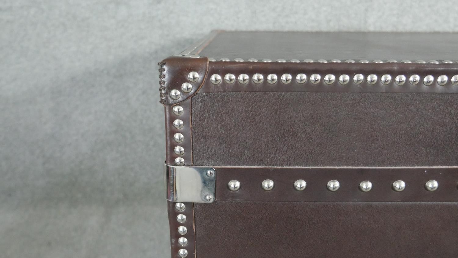 A Dentro Vittoria Steamer Trunk, upholstered in studded chocolate brown leather and having two - Image 9 of 10