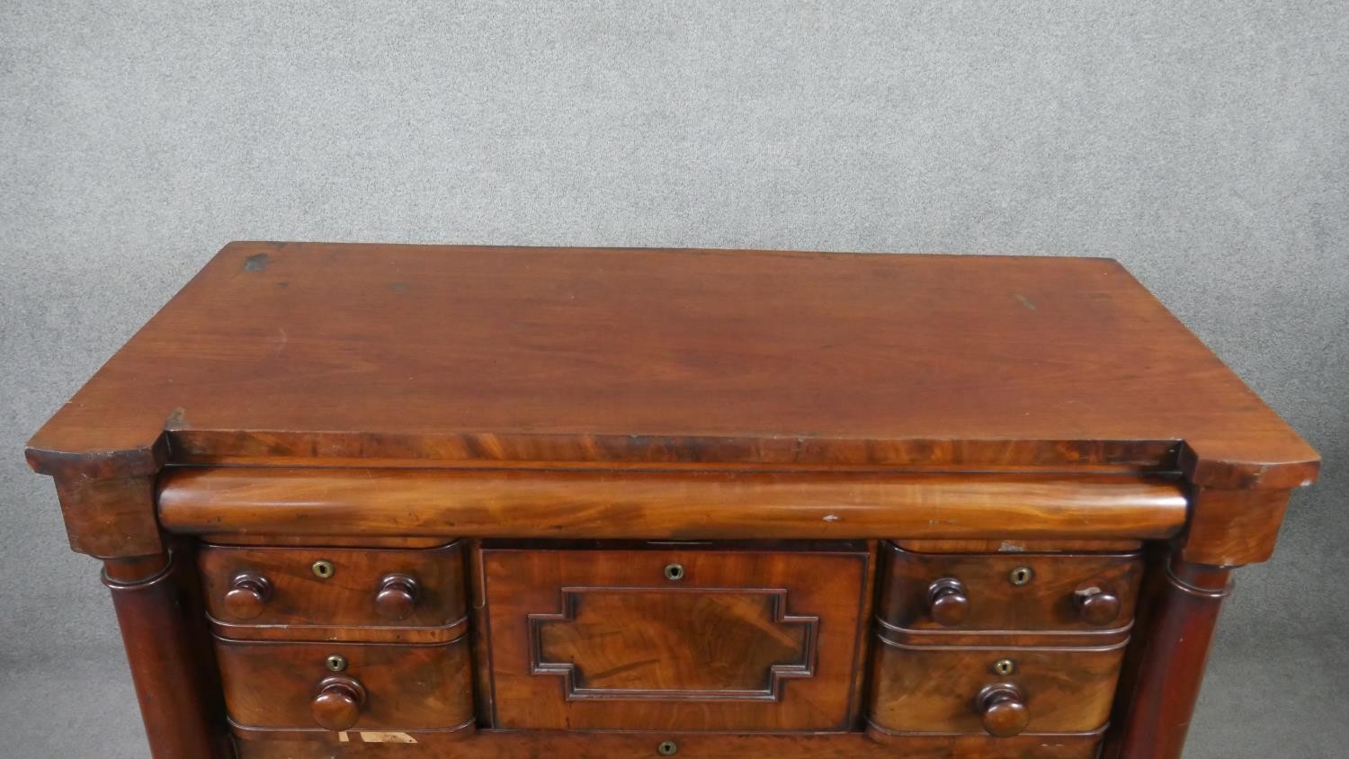A William IV flame mahogany Scottish chest, with a cushion drawer over a hat drawer, flanked by - Image 2 of 7