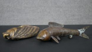 A Chinese bronze fish along with a brass cicada. H.9 W.28 D.14cm (largest)