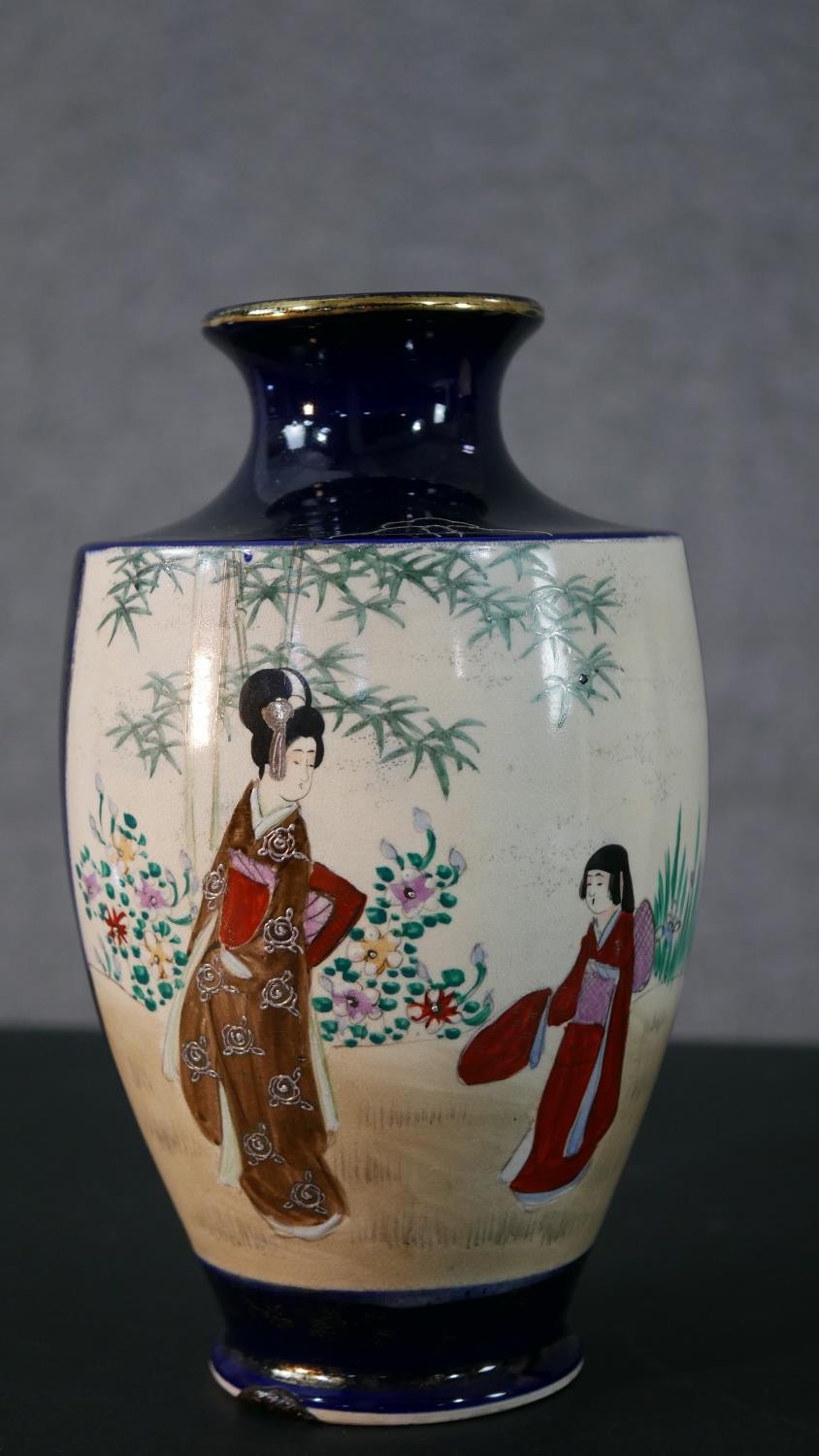 Two early 20th century hand painted and gilded Japanese Satsuma vases (one converted to a lamp) with - Image 2 of 17