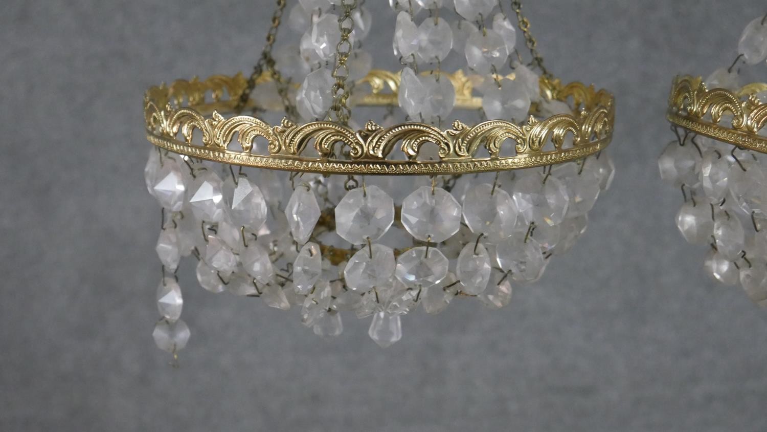 A pair of Empire style brass and crystal drop tent chandeliers. H.28 Diam.20cm - Image 5 of 6