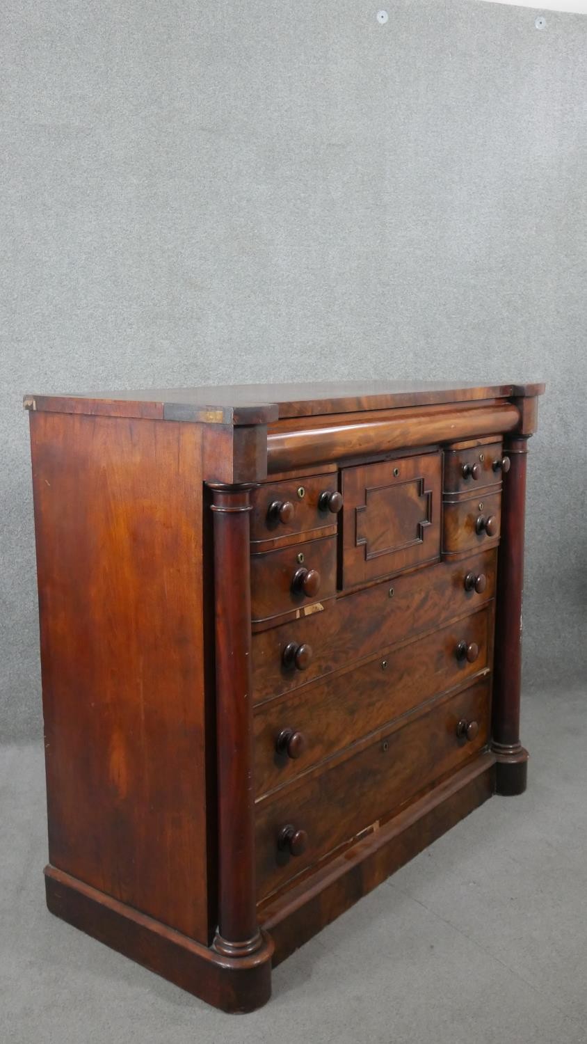 A William IV flame mahogany Scottish chest, with a cushion drawer over a hat drawer, flanked by - Image 3 of 7