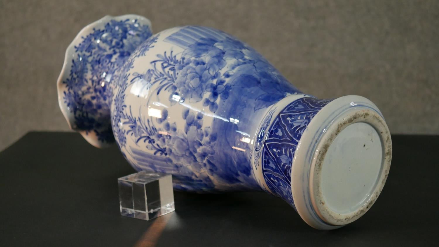 A large Japanese early 20th century blue and white hand painted porcelain vase with fluted edge. - Image 11 of 12