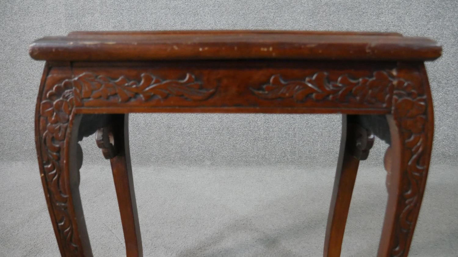 A nest to two Chinese hardwood occasional tables, with carved figural scenes to the top, on - Image 7 of 10