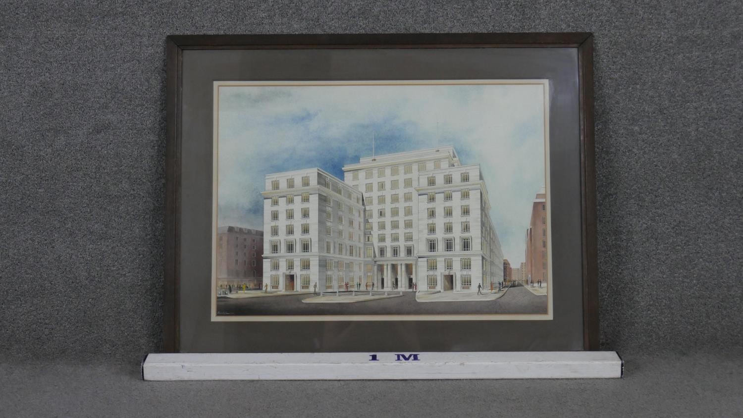 A framed and glazed watercolour of a hotel indistinctly signed. H.73 W.93cm - Image 3 of 4