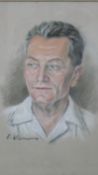 A framed and glazed pastel portrait of a gentleman in white shirt, indistinctly signed. H.60 W.48.