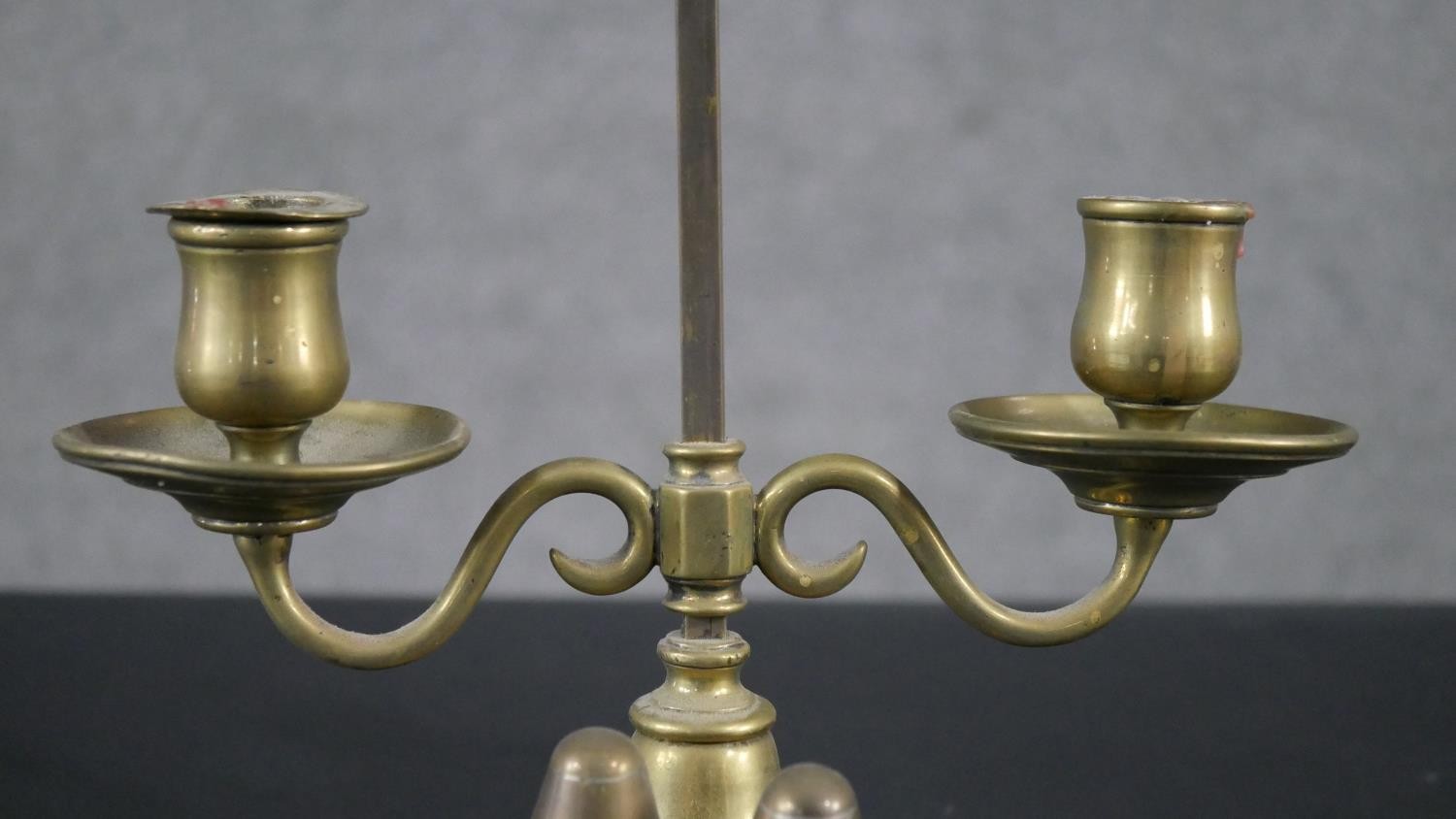 A 19th century brass double rise and fall student's candle lamp with scrolled arm supports. H.49 W. - Image 4 of 8