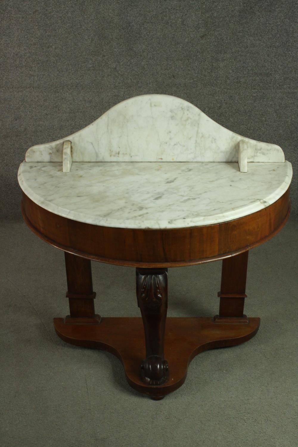 A Victorian walnut demi lune washstand, with a marble back and top, on a carved leg, joined by an - Image 4 of 8