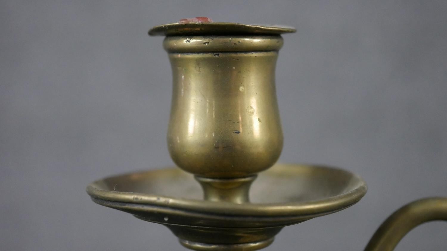 A 19th century brass double rise and fall student's candle lamp with scrolled arm supports. H.49 W. - Image 5 of 8