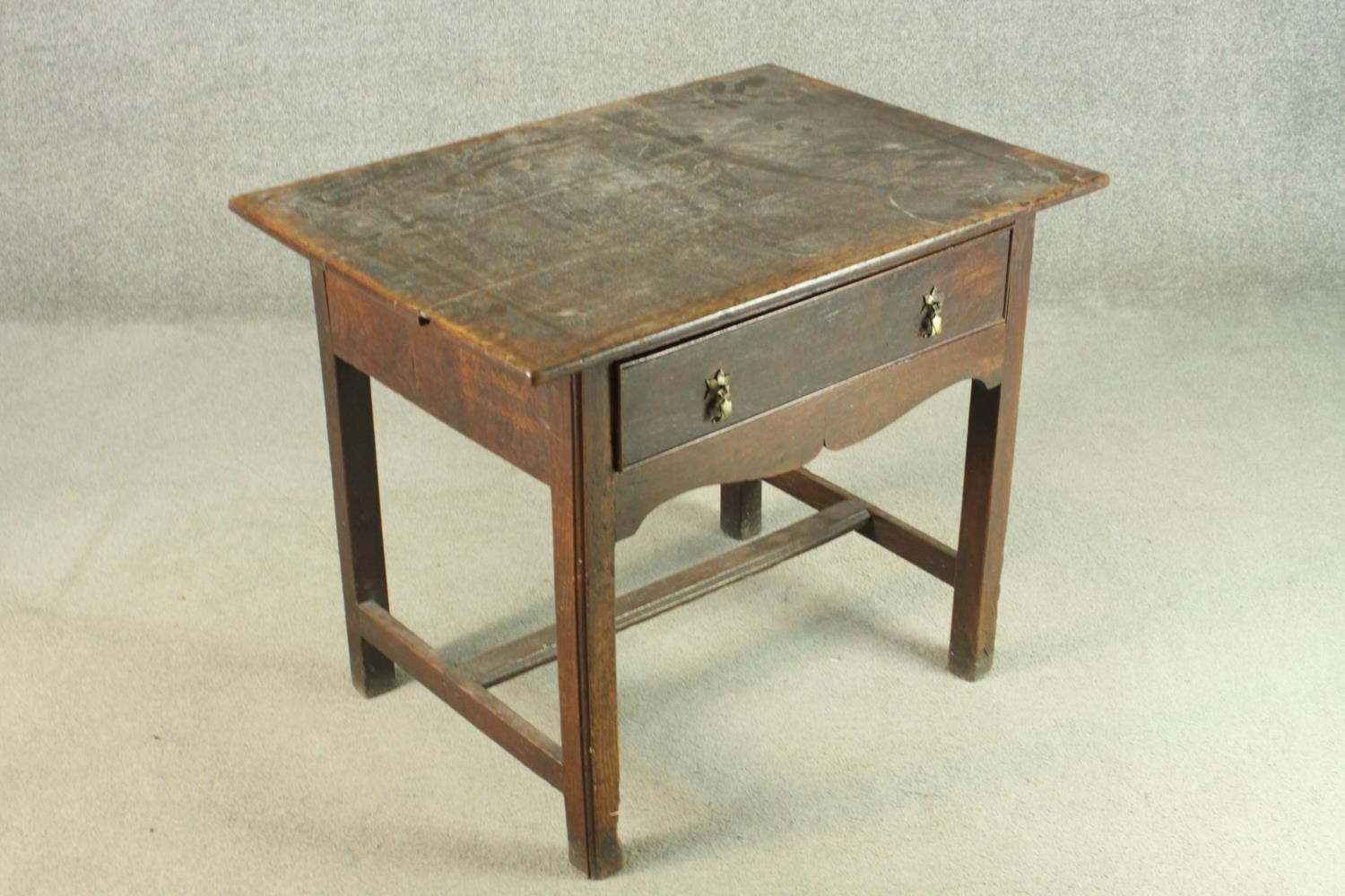 An 18th century oak side table with a rectangular top over a single drawer above a curved apron, the - Image 3 of 9