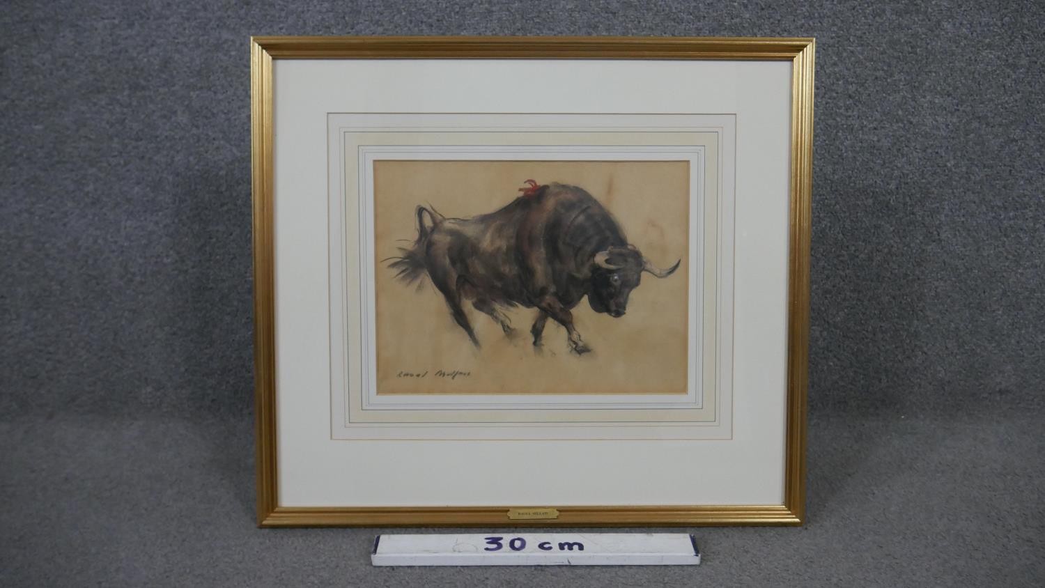 Raoul Millais, British (1901 - 1999), pastel on paper, 'Fighting Bull', signed, name plaque and - Image 3 of 10