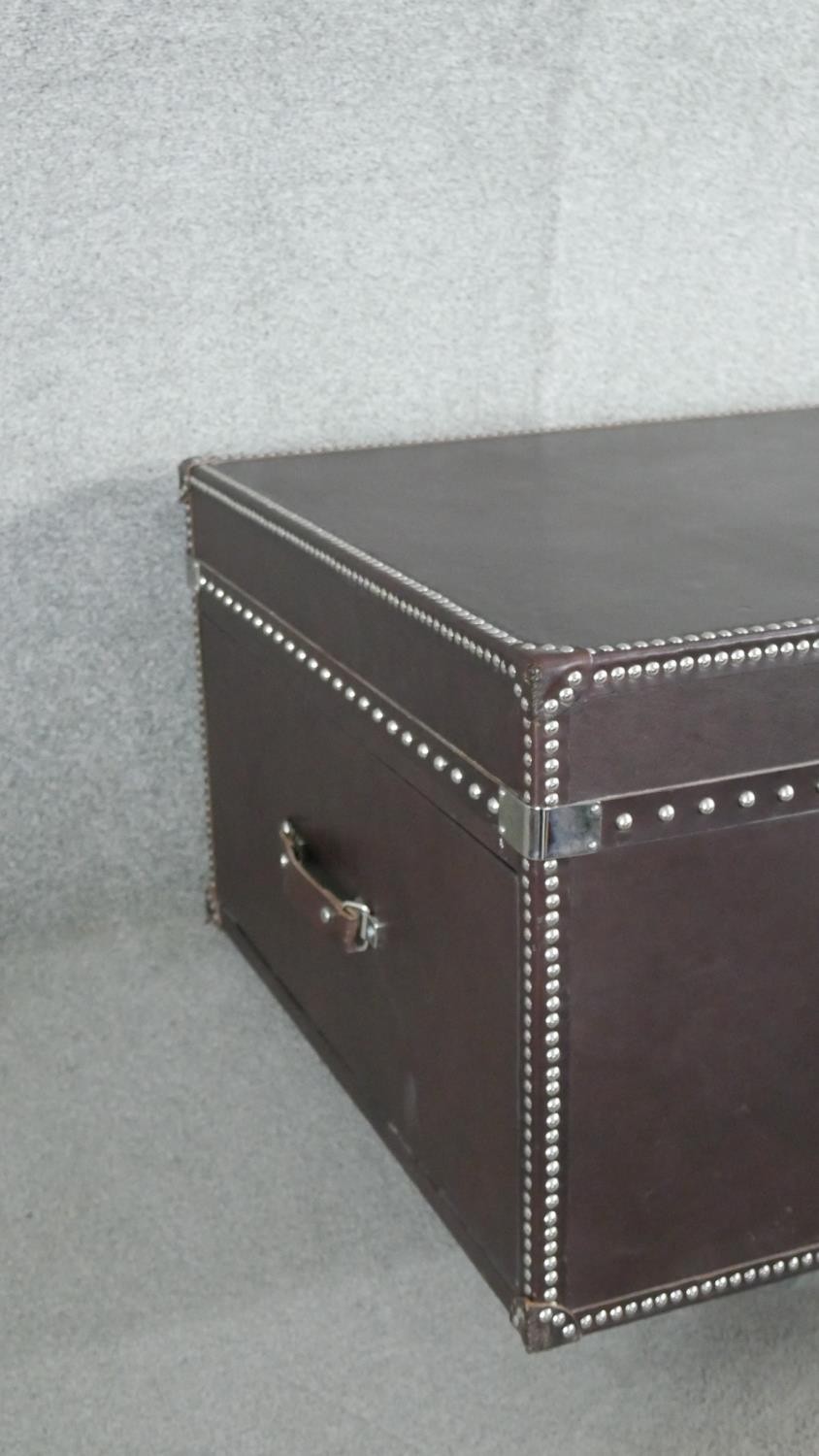 A Dentro Vittoria Steamer Trunk, upholstered in studded chocolate brown leather and having two - Image 10 of 10
