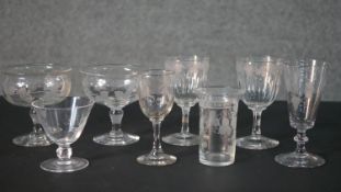 A collection of eight 19th and early 20th century etched drinking glass, each with a different