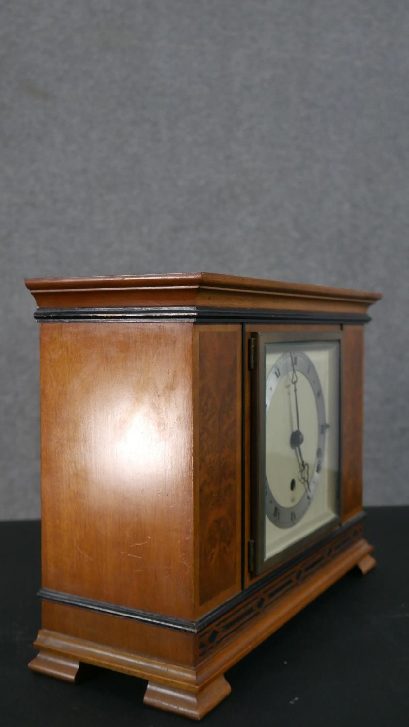 An Art Deco geometric marquetry design Elliot clock, brass movement and brushed chrome ring dial - Image 5 of 11