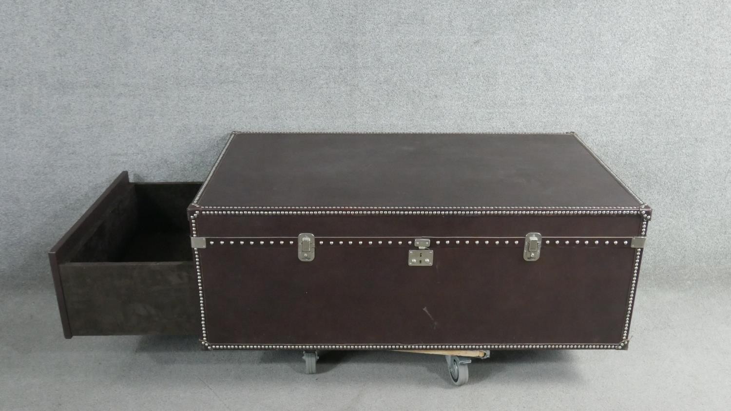 A Dentro Vittoria Steamer Trunk, upholstered in studded chocolate brown leather and having two - Image 3 of 10