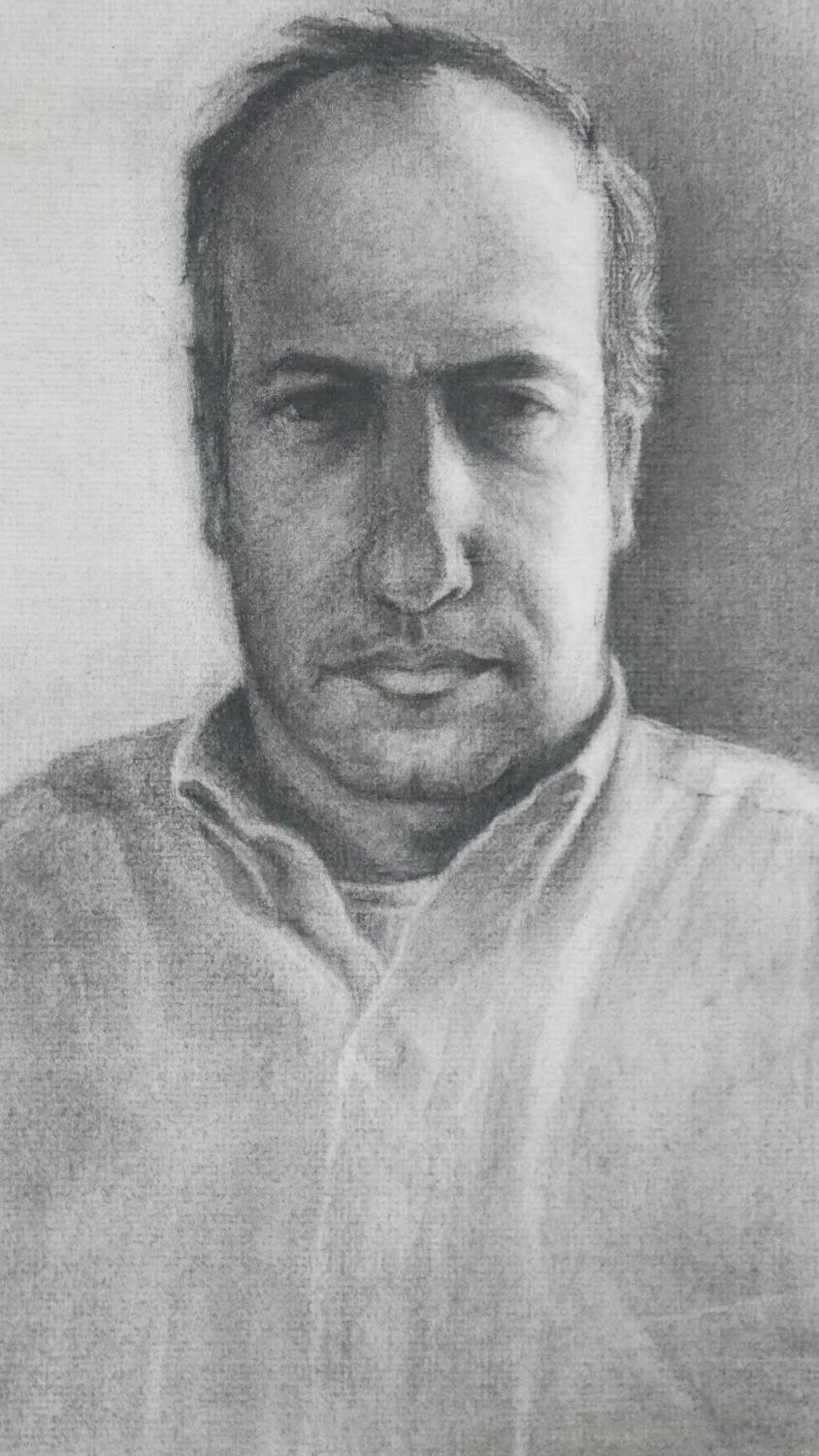 An unframed charcoal portrait of a man by a window, signed R. Levy. H.71 W.86cm (inc. mount) - Image 4 of 7