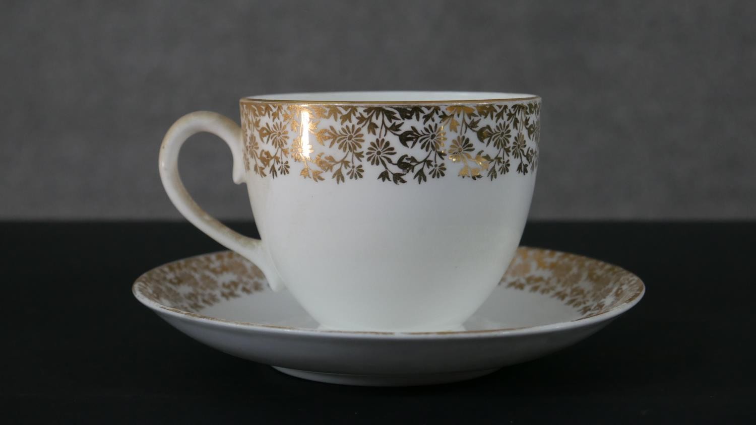 An Adderley gilded floral design fine bone china part six person tea set. Six tea cups and - Image 2 of 8