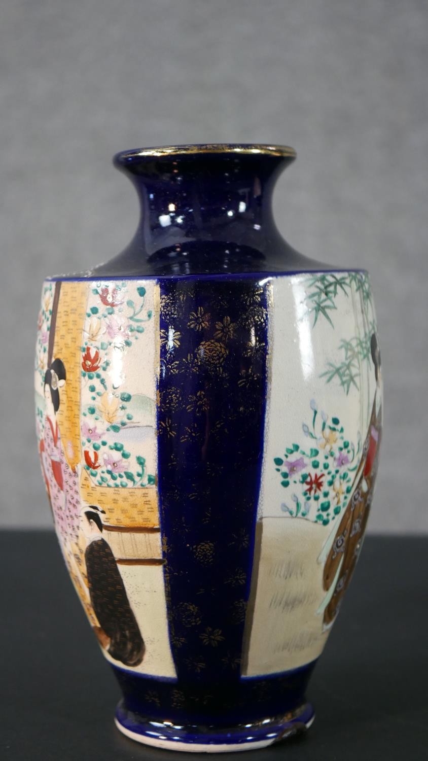 Two early 20th century hand painted and gilded Japanese Satsuma vases (one converted to a lamp) with - Image 4 of 17