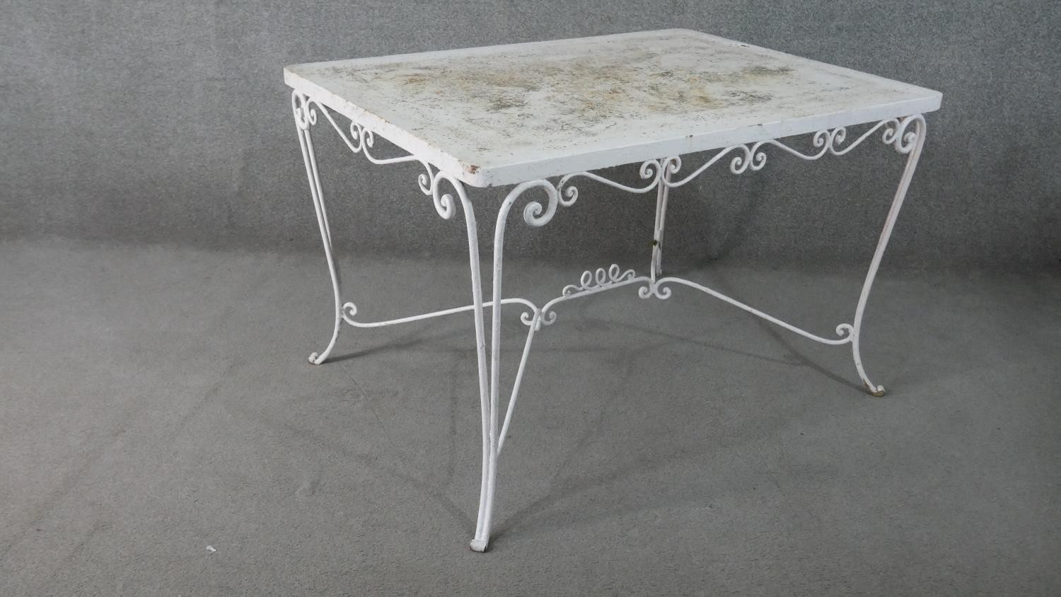 A white painted wrought iron garden table, of rectangular form with scrolling detail, the - Image 2 of 5