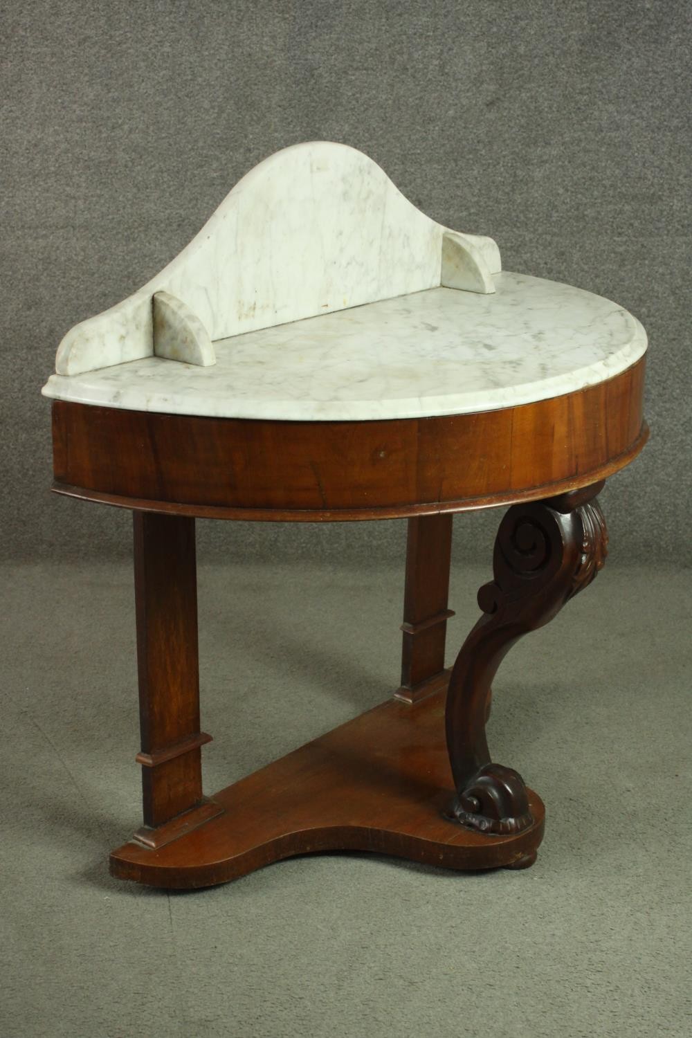 A Victorian walnut demi lune washstand, with a marble back and top, on a carved leg, joined by an - Image 5 of 8