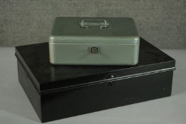 Two vintage lockable cash boxes (one with key) H.15 W.50 D.30cm