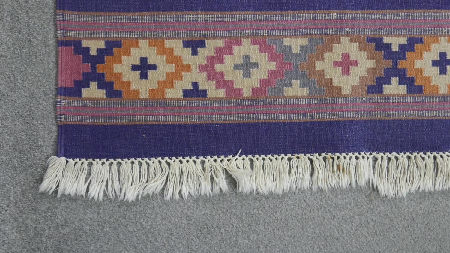 A Indian blue ground Dhurrie Kelim flat weave rug. L.275 W.85cm - Image 4 of 6