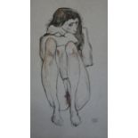 After Egon Schiele - an unframed watercolour on paper of a hunched seated nude female. Signed and