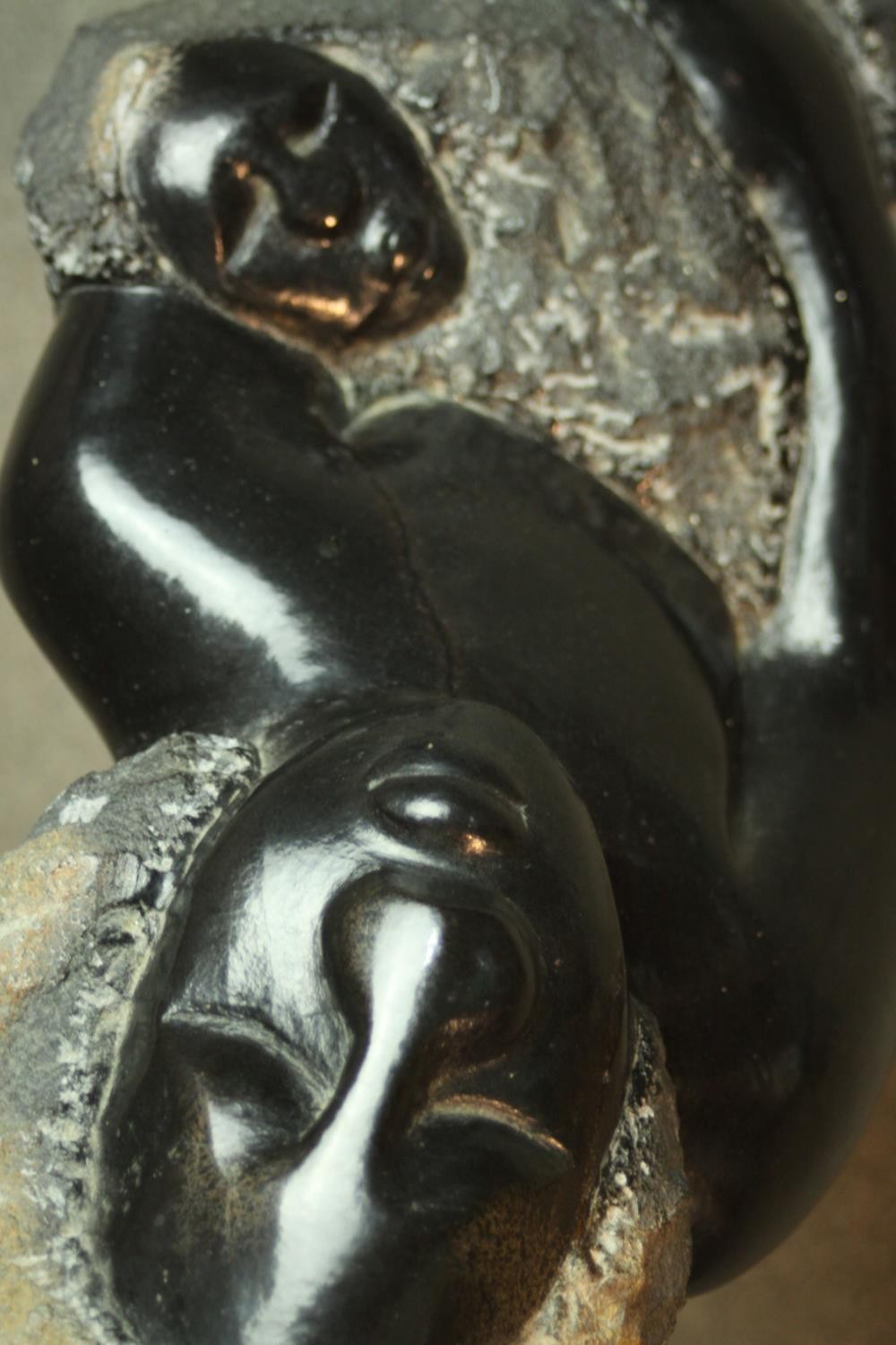 A Zimbabwean School carved soapstone sculpture of a mother and child. Unsigned. H.50cm. - Image 5 of 7