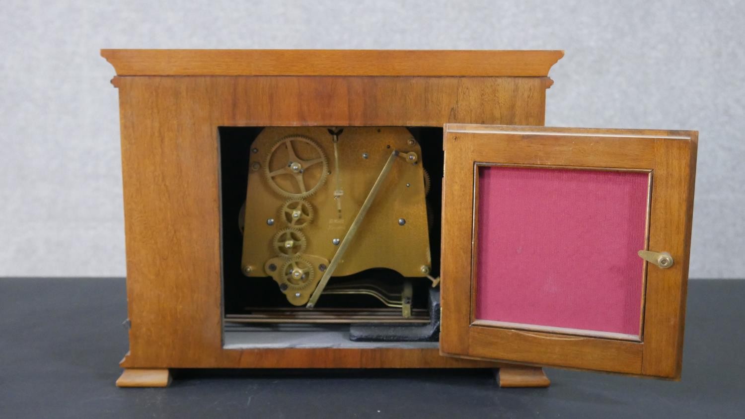 An Art Deco geometric marquetry design Elliot clock, brass movement and brushed chrome ring dial - Image 7 of 11