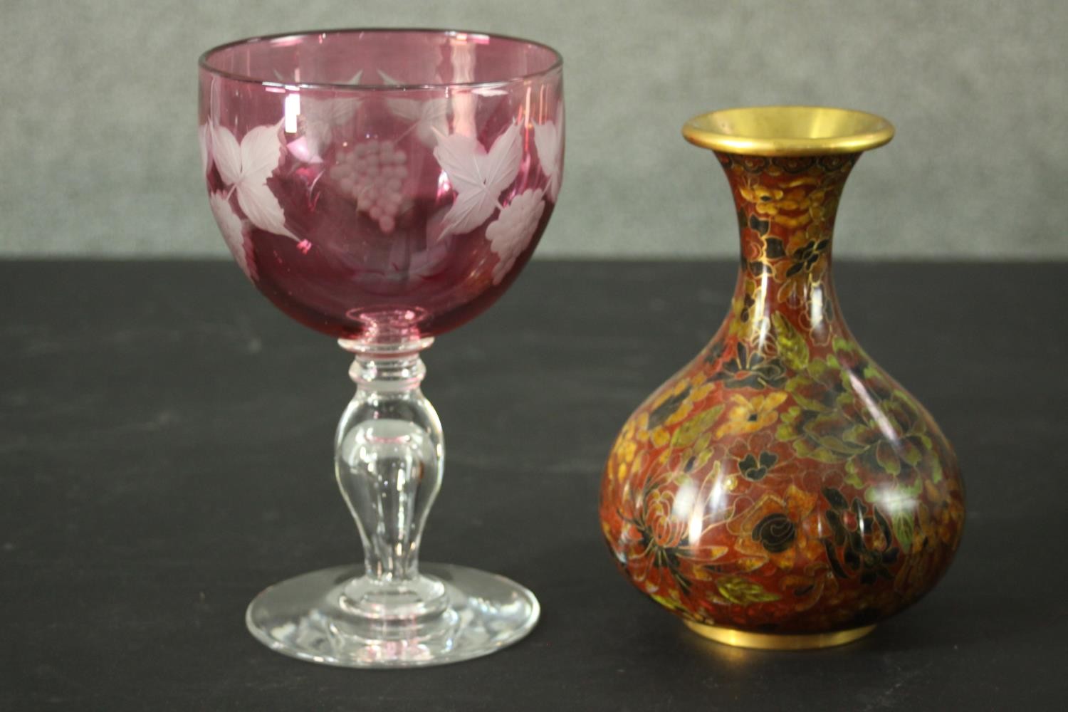 A cranberry glass etched vine design goblet along with a gilded brass Japanese cloisonné vase - Image 2 of 10