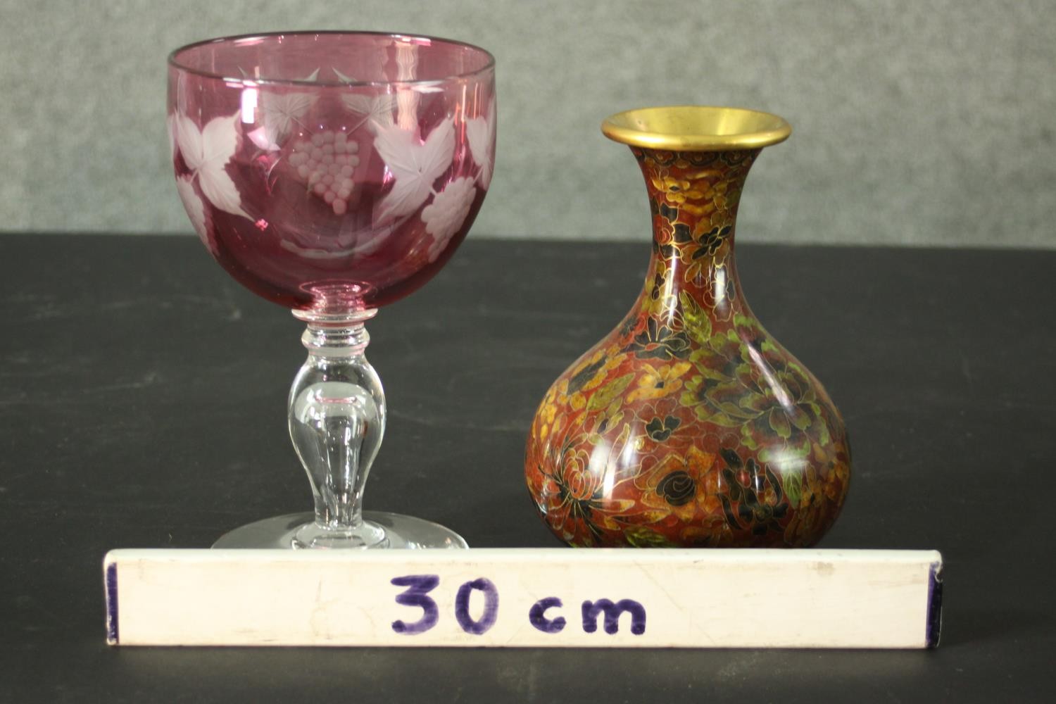A cranberry glass etched vine design goblet along with a gilded brass Japanese cloisonné vase - Image 3 of 10