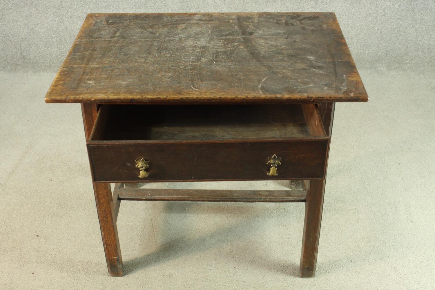 An 18th century oak side table with a rectangular top over a single drawer above a curved apron, the - Image 6 of 9