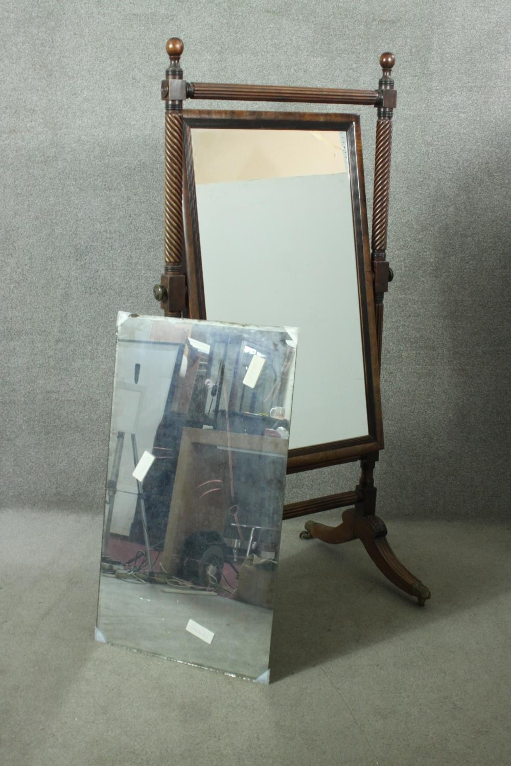 A George III mahogany cheval mirror, with a wrythen and reeded frame, set with a modern mirror - Image 11 of 13