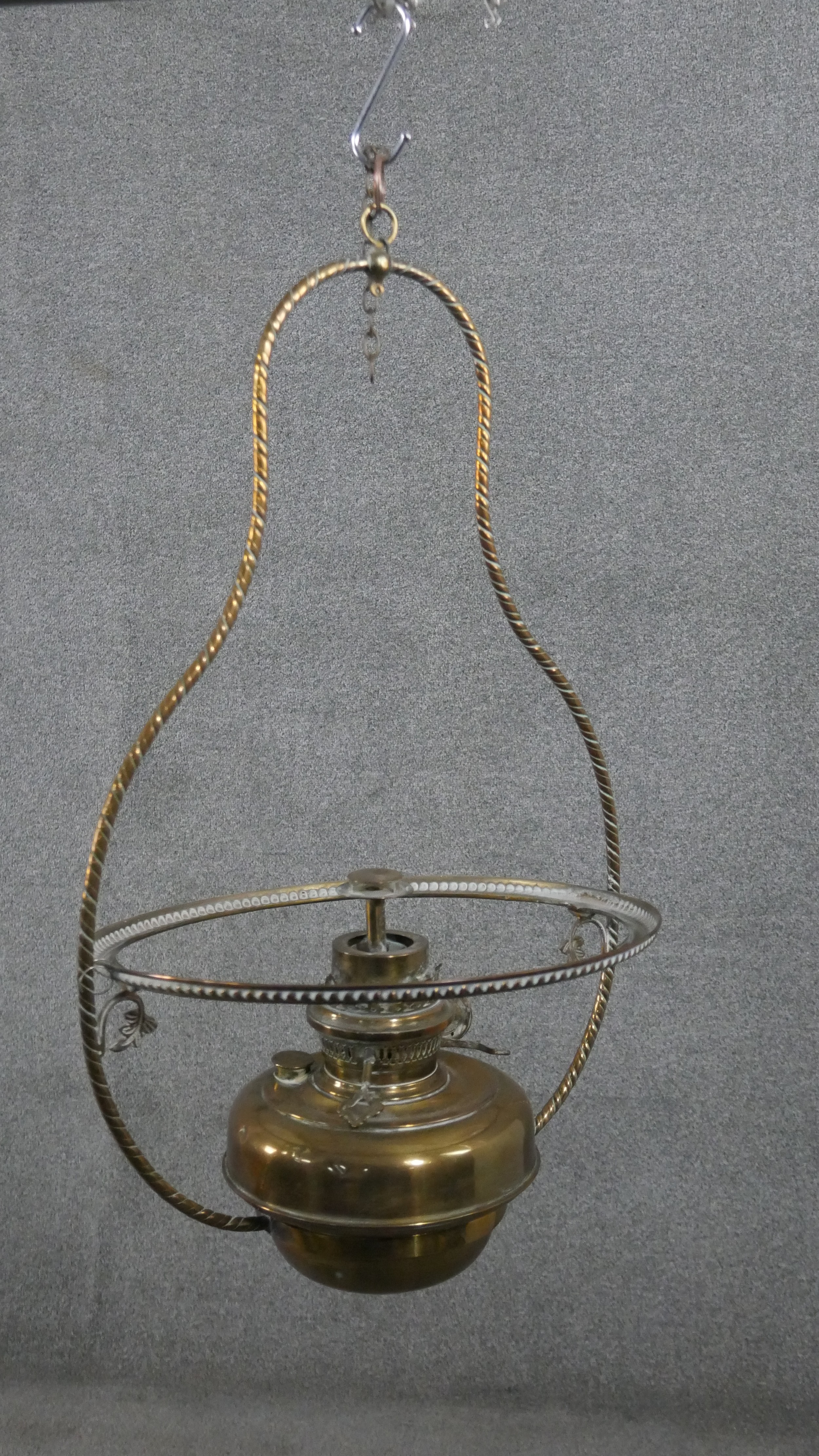 A 19th century hanging oil lamp with milk glass shade and a similar example with copper reservoir. - Image 15 of 17