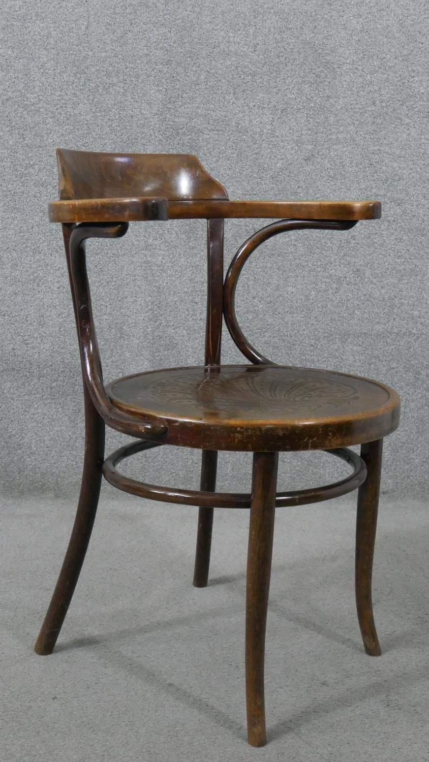 A late 19th/early 20th century Thonet style bentwood open armchair, with a circular pokerwork seat - Image 6 of 8