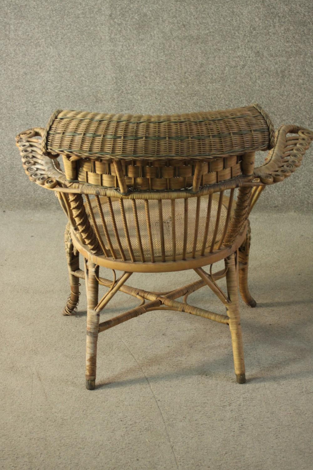A late 19th/early 20th century wicker open armchair, with a rattan woven backrest, the arms with - Image 4 of 7