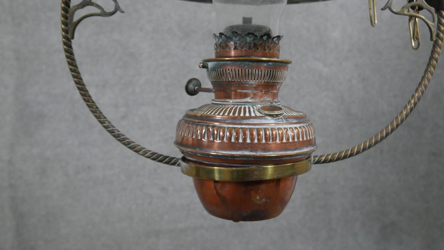 A 19th century hanging oil lamp with milk glass shade and a similar example with copper reservoir. - Image 4 of 17