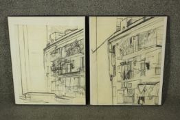 Two framed and glazed charcoal drawings of laundry drying outside tenement buildings. Indistinctly